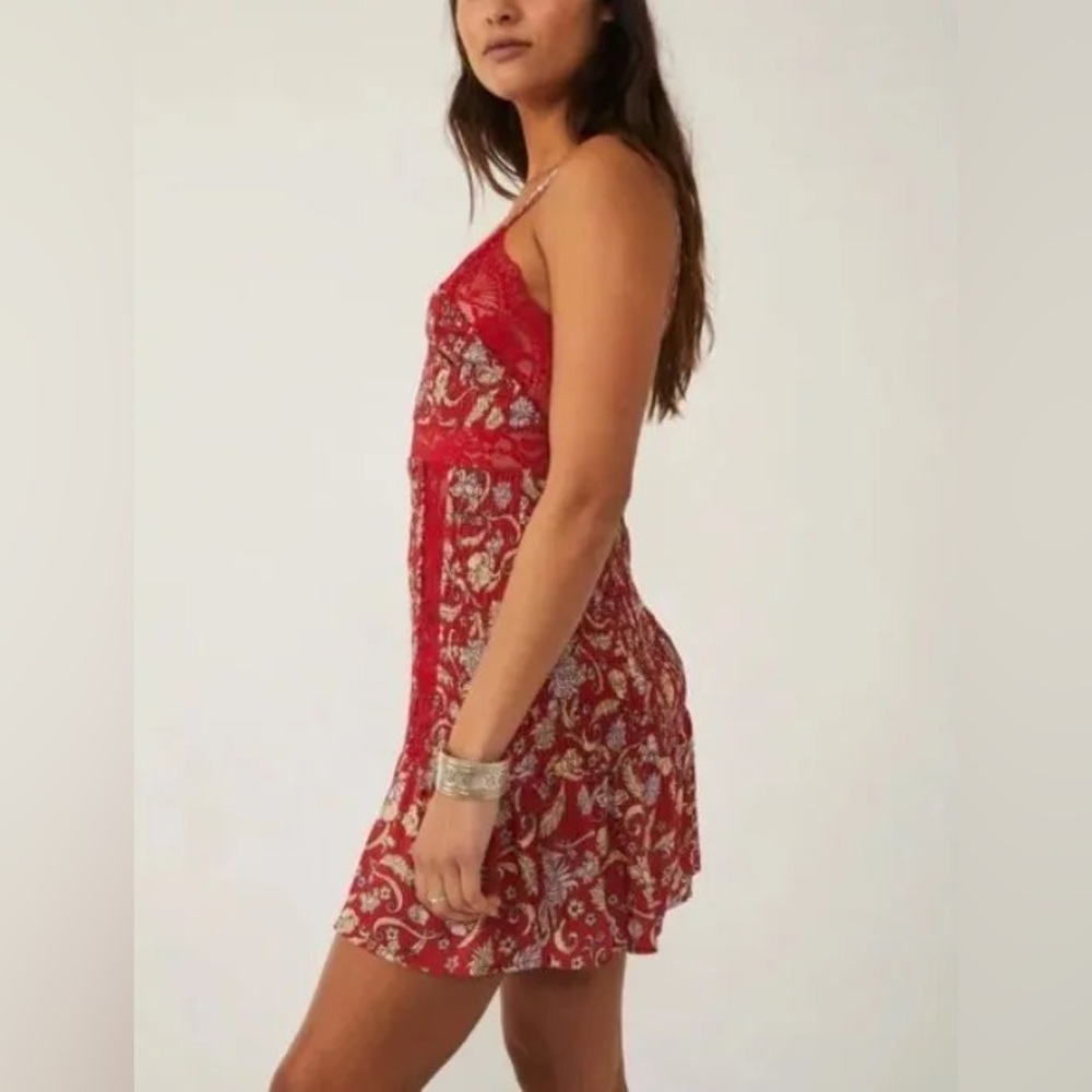 Free People Intimately Last Night Mini Nightgown Slipdress Cherry Combo